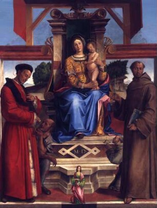 Thronende Maria mit Kind, den Heiligen Homobonus, Franziskus von Assisi, Katharina von Alexandrien und dem Stifter Bernadino da Feltre (gest. 1494)