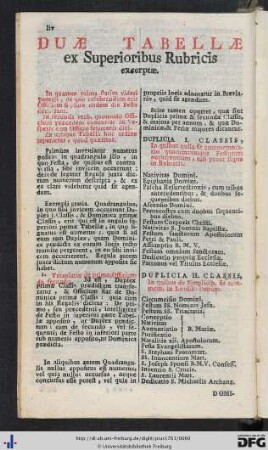 Duae Tabellae ex Superioribus Rubricis excerptae.