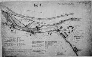 Dresden-Löbtau, Pulvermühle, Lageplan der Weißeritzmühlen zwischen Walkmühle und Kanonenbohrwerk, lavierte Federzeichnung, um 1867/68