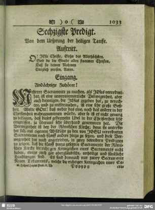Sechzigste Predigt. Von dem Ursprung der heiligen Tauffe