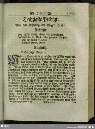 Sechzigste Predigt. Von dem Ursprung der heiligen Tauffe