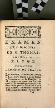 Examen d'un Discour de M. Thomas, qui a pour Titre: Eloge de Louis Dauphin