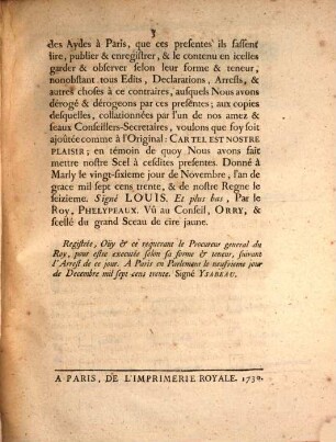 Declaration Du Roy, En faveur de l'Hôpital general : Donnée à Marly le 26. Novembre 1730.