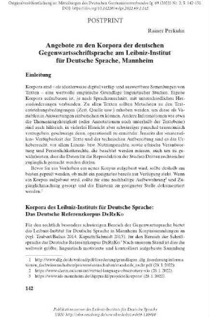 Angebote zu den Korpora der deutschen Gegenwartsschriftsprache am Leibniz-Institut für Deutsche Sprache, Mannheim