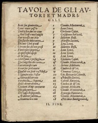 Tavola de gli autori et madrigali