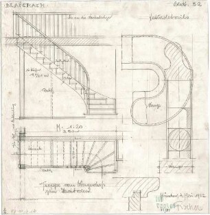 Fischer, Theodor; Blaichach; Haus Gradner - Treppe vom OG zum DG (Grundriss, Ansicht,Details)