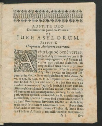 Sectio I. Originem Asylorum enarrans.