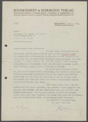 Briefwechsel zwischen Georg Biermann [Verlag Klinkhardt & Biermann] und Georg Kolbe