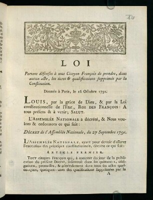 1-8, Loi Portant défenses à tout Citoyen François de prendre...