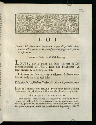 1-8, Loi Portant défenses à tout Citoyen François de prendre...