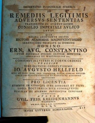 Jo. Augusti Hellfeld De remediis legitimis adversus sententias praesertim in consilio imperiali aulico latas