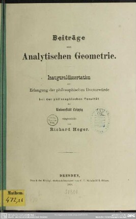 Beiträge zur analytischen Geometrie