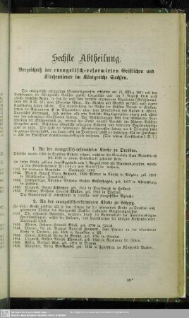 Sechste Abtheilung. Verzeichniß der evangelisch-reformirten Geistlichen und Kirchendiener im Königreiche Sachsen