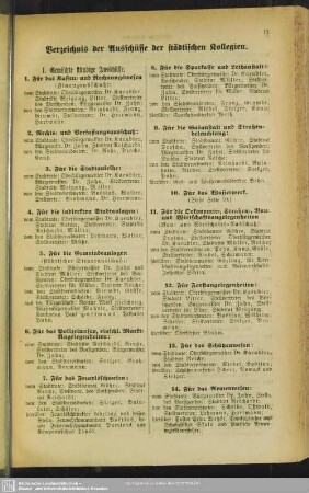 Verzeichnis der Ausschüsse der städtischen Kollegien