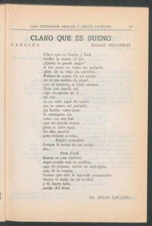 Claro que es bueno : Canción. - Editorial Melograf