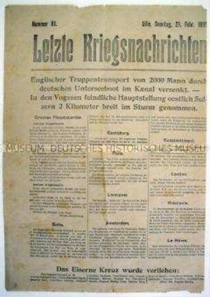 Mitteilungsblatt "Letzte Kriegsnachrichten" mit Kurzmeldungen von verschiedenen Kriegsschauplätzen