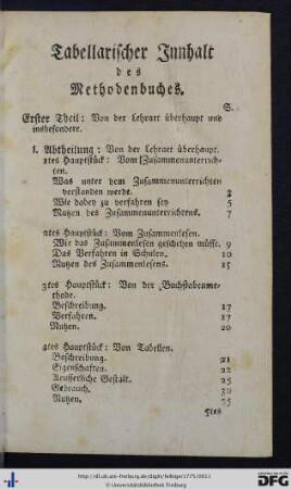 Tabellarischer Innhalt des Methodenbuches. Erster Theil.