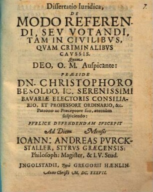 Dissertatio Iuridica, De Modo Referendi, Sev Votandi, Tam In Civilibvs, Qvam Criminalibvs Cavssis