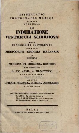 Diss. inaug. med. sistens nonnulla de induratione ventriculi scirrhosa