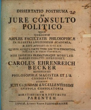 Diss. posthuma de iure consulto politico