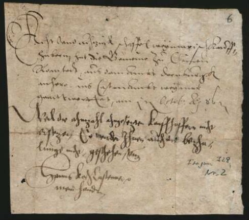 Quittung betr. die Lieferung von 88 Scheffeln Weinmaische aus dem Amt Dornburg ins Kastenamt Weimar, 1586, Okt.