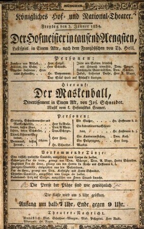 Königliches Hof- und Nationaltheater. 1834. Jan. - Sept.