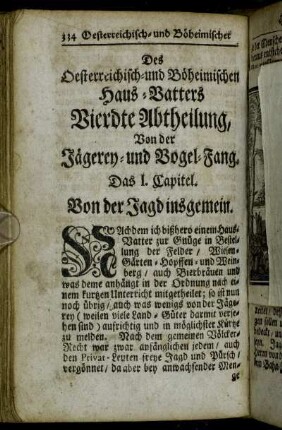 Des Oesterreichisch- und Böheimischen Haus-Vatters Vierdte Abtheilung, Von der Jägerey- und Vogel-Fang