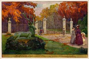 Postkartenalbum mit Motiven von Karlsruhe. "Karlsruhe. Schlosspark, Eingang zum Fasanengarten". Schlossgarten mit dem Eingangstor zum Fasanengarten