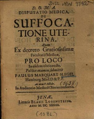 Disputatio Medica, De Suffocatione Uterina