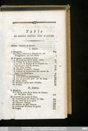Table des matières contenues dans ce volume.