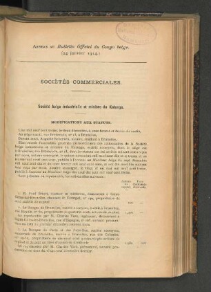 Annexe Au Bulletin Officiel du Congo belge. (24 janvier 1914).