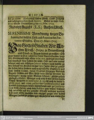 Verordnung wegen Bebauung der wüsten Höfe und Reunion der Pertinenz-Stücken. Den 27. Mart. 1705