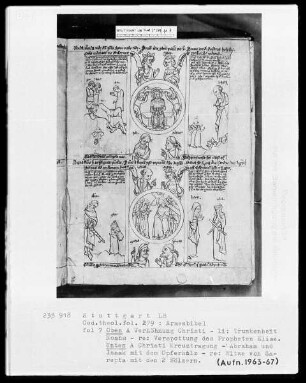 Armenbibel — Bildseite mit zwei Gruppen von typologischen Szenen, Folio 7recto