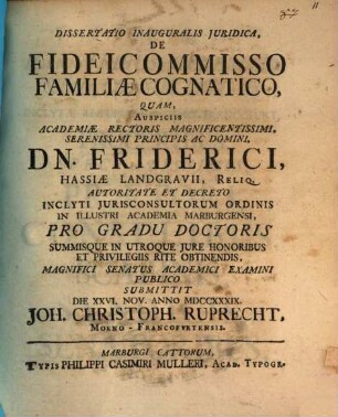 Dissertatio Inauguralis Juridica, De Fideicommisso Familiae Cognatico