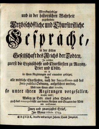 Zwey und zwanzigstes Stück, Im Monat Octobr. 1753.