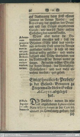 Einige specificirte Proben, so der Gesund-Brunnen zu Freyenwalde diesen Som[m]er A.C.1715. abgeleget hat