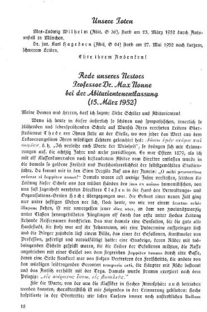 Rede unseres Nestors Professor Dr. Max Nonne bei der Abiturientenentlassung (15. März 1952)