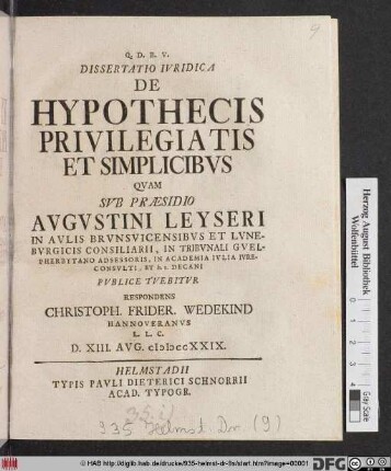 Dissertatio Ivridica De Hypothecis Privilegiatis Et Simplicibvs
