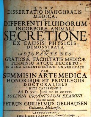 Diss. inaug. med. de differenti fluidorum in corpore animali secretione ex causis physicis demonstrata