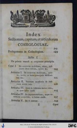 Index sectionum, capitum et articulorum Cosmologiae.