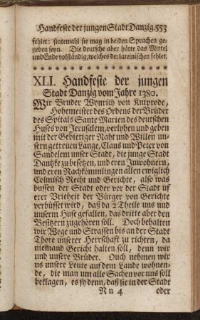 XLI. Handfeste der jungen Stadt Danzig vom Jahre 1380.