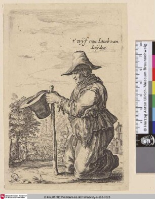[Knieende Frau in linken Profil mit Gehstock und Hut; Kneeling woman in left profile holding cane and hat]