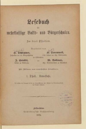 Theil 1 = Unterstufe, [Schülerband]: [Theil 1 = Unterstufe, [Schülerband]] : in drei Theilen