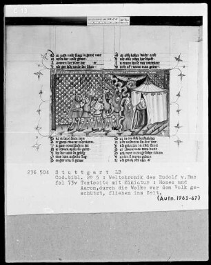Weltchronik des Rudolf von Ems — Moses und Aaron fliehen ins Zelt, Folio 73verso