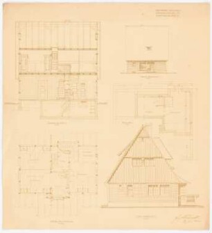 Einfamilien-Sommerhaus, Haffkrug: Grundrisse 1:50: Keller, Erdgeschoss; Aufriss: Südansicht 1:50; Längsschnitt 1:50; Aufriss: Westansicht 1:100