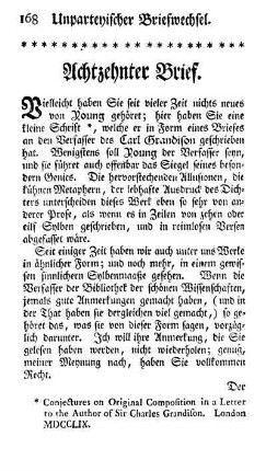 Achtzehnter Brief [VI. Youngs Conjectures on Original Composition]