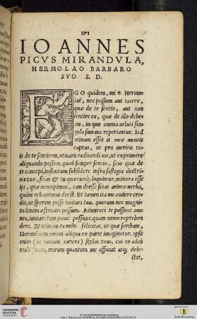 Ioannes Picvs Mirandvla Hermolao Barbaro svo S.D.