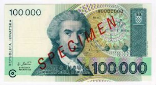 Kroatische Nationalbank: 100.000 Dinar 1993 Probe