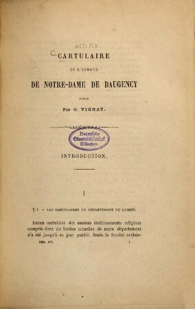 Cartulaire de l'Abbaye de Notre-Dame de Baugency publié par G. Vignat : [Kopftitel]