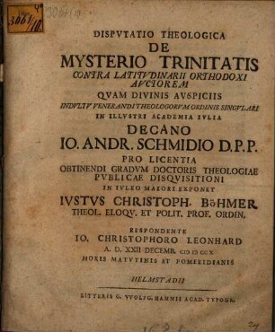 Disp. theol. de mysterio trinitatis, contra Latitudinarii orthodoxi autorem